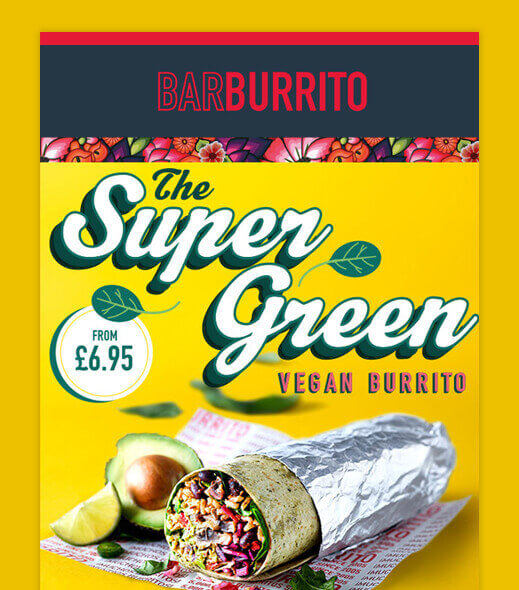 Barburrito email newsletter promoting “The Super Green” vegan burrito