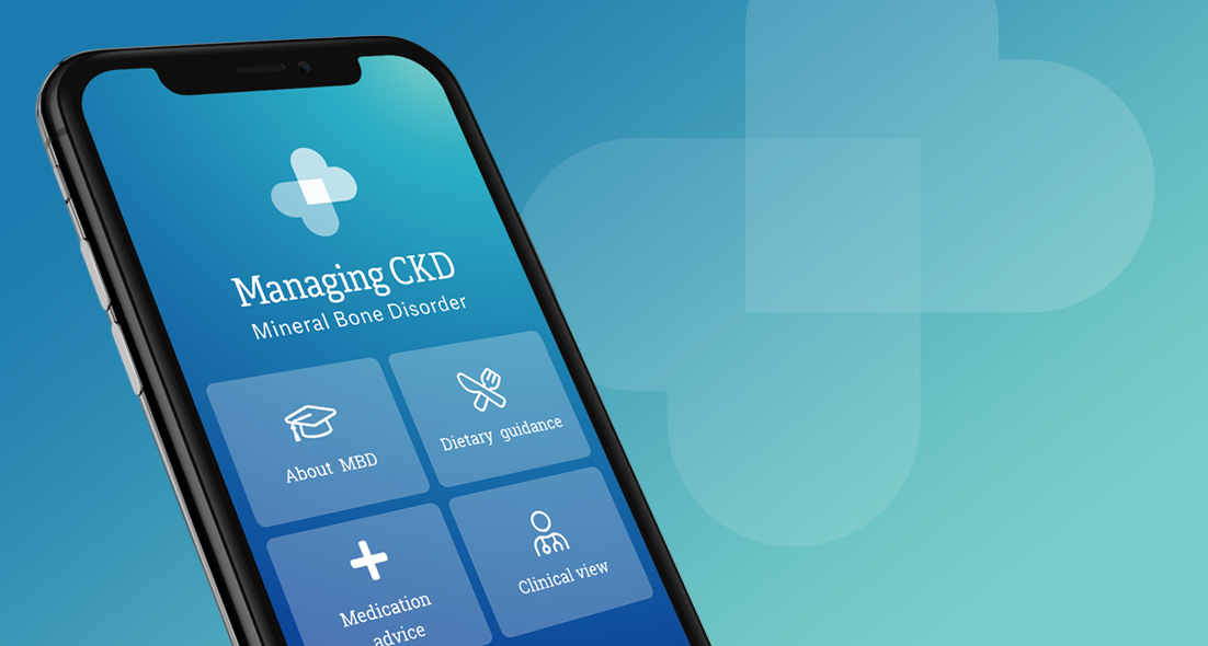 Smartphone showing the main menu screen of the healthcare app – Managing CKD.
