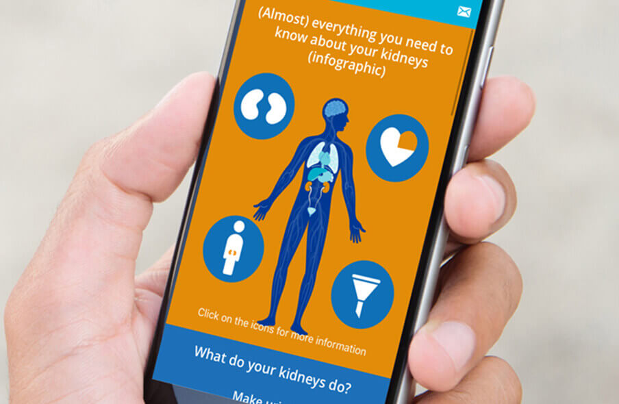 Smartphone showing kidney infographic within the Think Kidneys app we developed